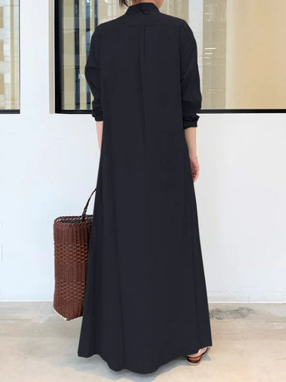 Oversized Button-Front Collared Long Sleeve Pocket Shirt Maxi Dress