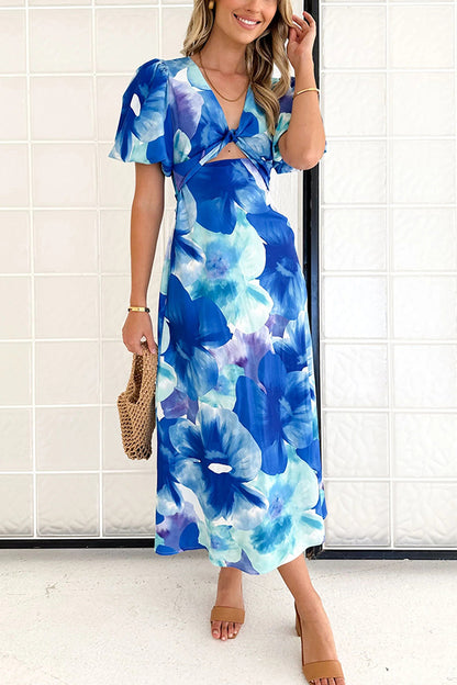 Sophia Floral Print Satin Puff Sleeve Twist Bust Cutout Midi Dress