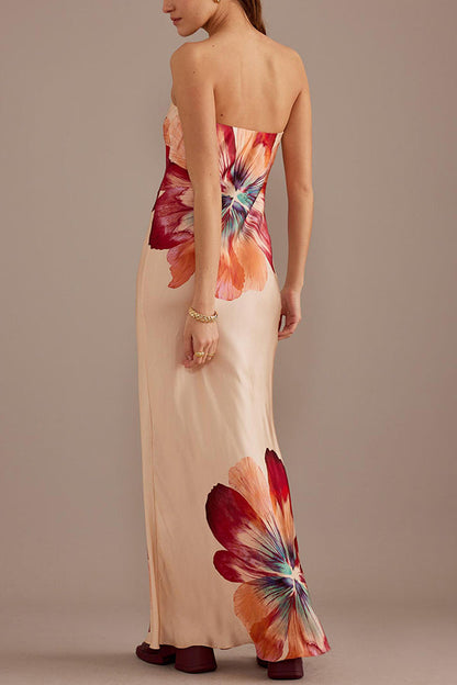 Charming ladies strapless waist cinching satin printed lace up loose long dress