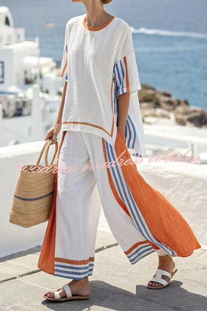 Linen Blend Unique Print Half Sleeve Top and Elastic Waist Pocket Loose Pants Set