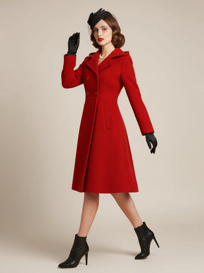 Vintage Hooded A-line Double-breasted Woolen Midi Coat For Women 2026
