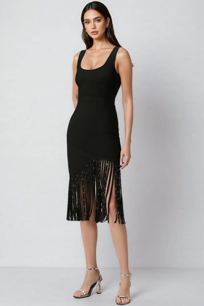 Zevian Black Fringed Midi Dress