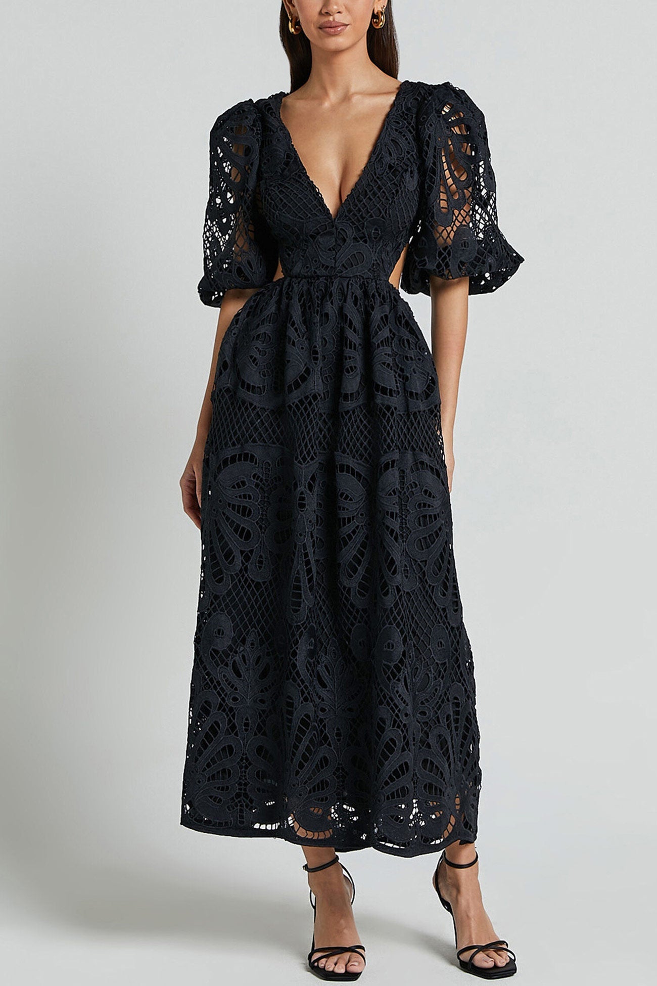 V-neck Lace Embroidery Hollow Waist Dress