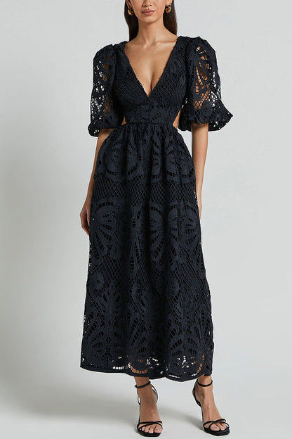 V-neck Lace Embroidery Hollow Waist Dress