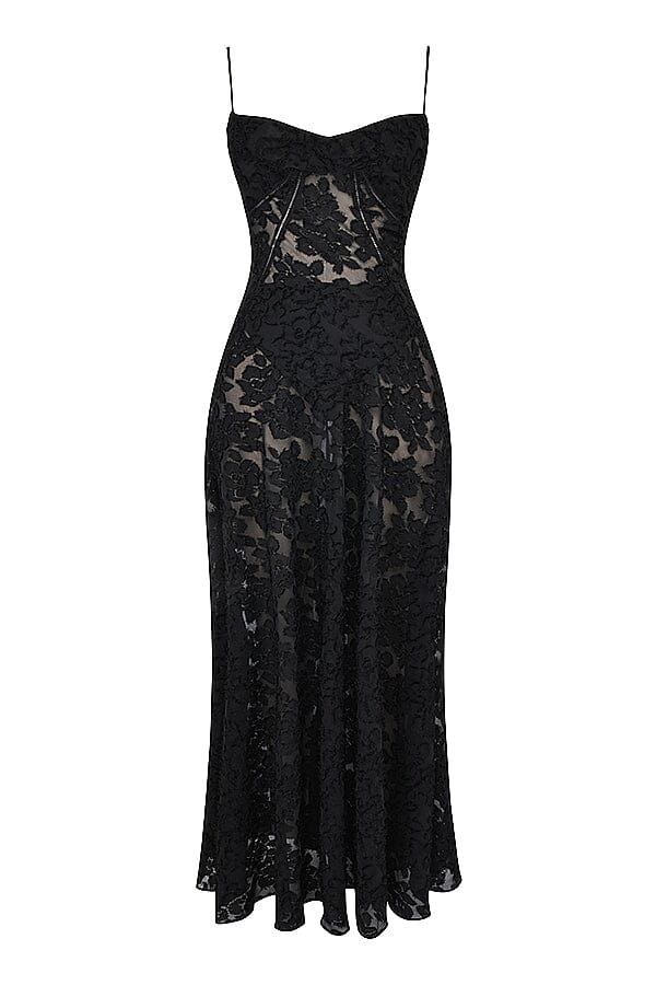Floral Jacquard Spaghetti Strap Lace Up Corset Back Fit and Flare Maxi Dress
