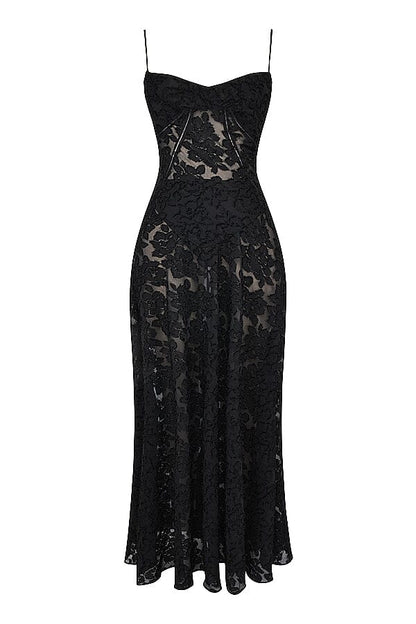 Floral Jacquard Spaghetti Strap Lace Up Corset Back Fit and Flare Maxi Dress