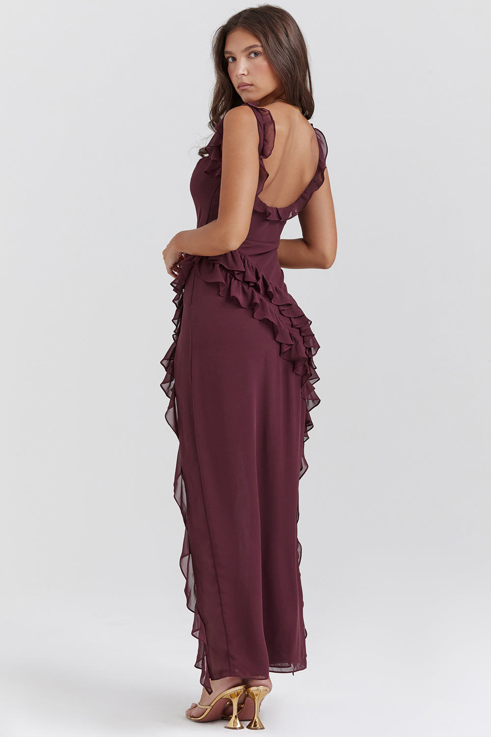 Square Neck Cap Sleeve Cascading Ruffle Trim High Slit Maxi Gown