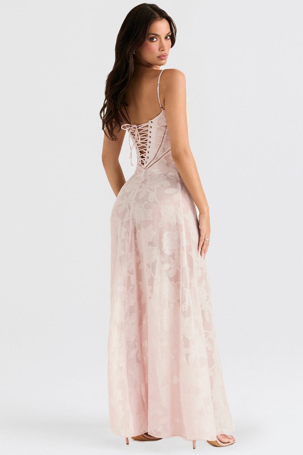 Floral Jacquard Spaghetti Strap Lace Up Corset Back Fit and Flare Maxi Dress