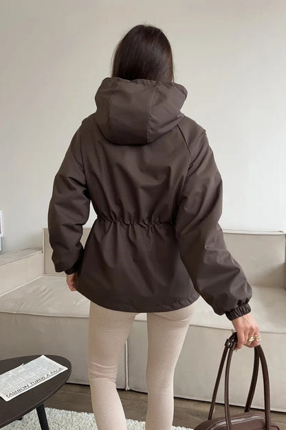 Waterproof Hooded Drawstring Loose Casual Outdoor Hiking Jacket
