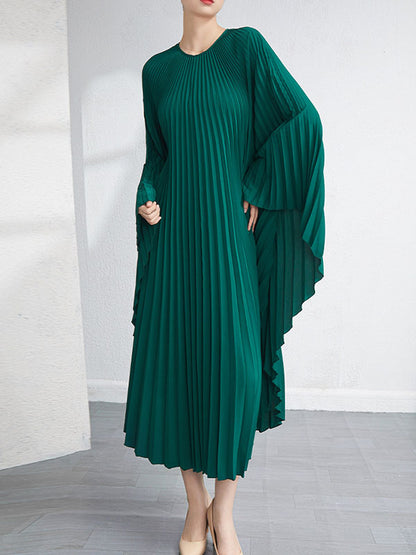 Urban Flared Batwing Sleeves Pleated Solid Color Round-Neck Midi Dresses
