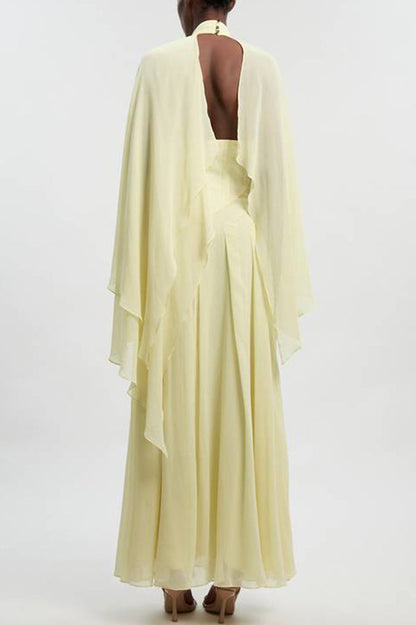 Spring Enchantment Chiffon Crinkle Cross Front Drape Scarf Maxi Dress
