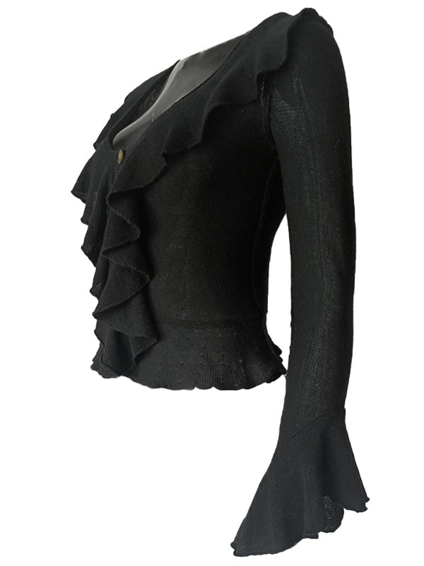 Solid V Neck Ruffle Long Sleeve Knit