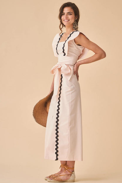 Wavy Line Backless Square Collar Midi Dress With Belt