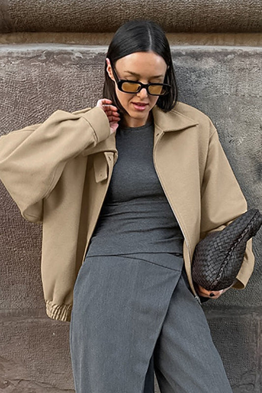 Khaki Wool Lapel Casual Jacket