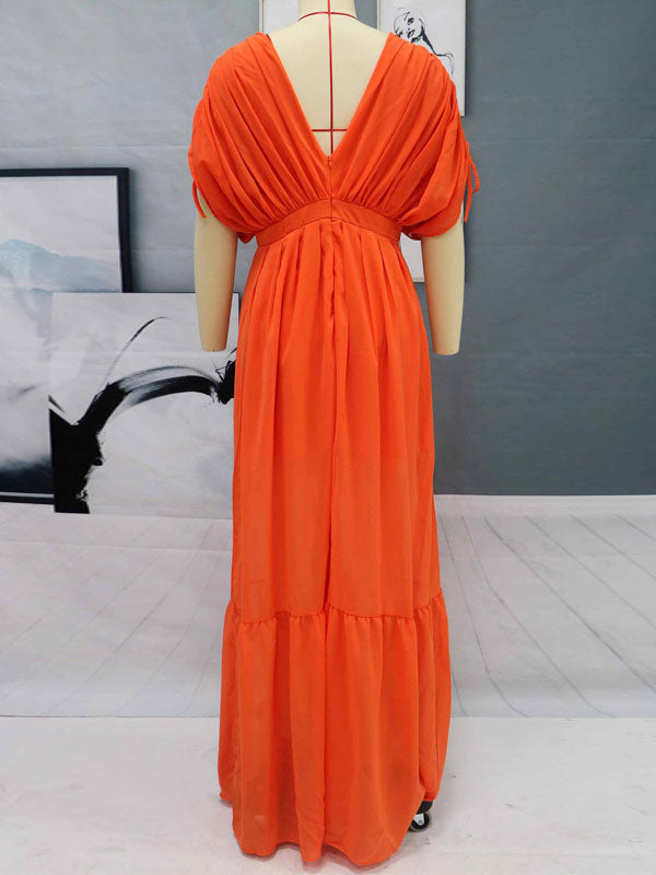 Women Maxi Dress Orange Red V-Neck Short Sleeves Backless   Long Dress