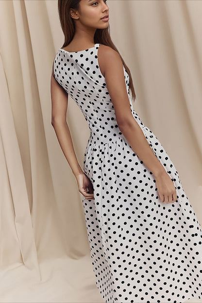 Polka Dot Print Boat Neck Sleeveless A-Line Midi Dress
