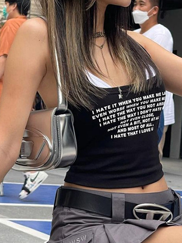 Letter Print Navel Bare Slim Fit Short Tank Top