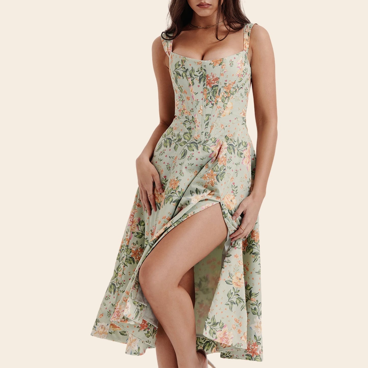 Low Cut A-Line Slit Floral Dress