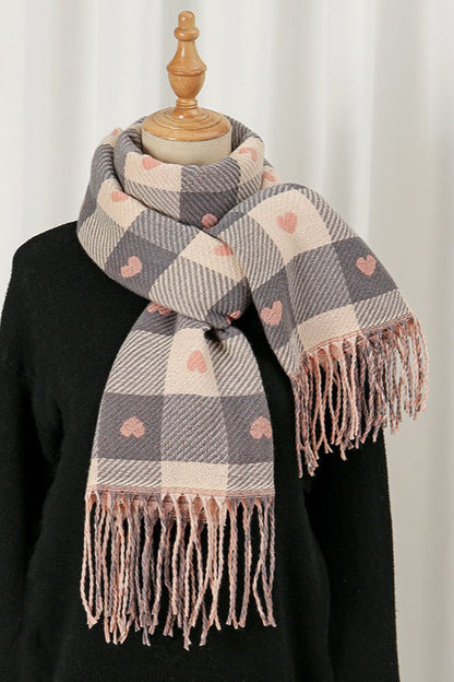 Faux Cashmere Double-Sided Heart Plaid Fringed Scarf