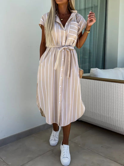 Pinstripe Button-Front Tie Waist Cap Sleeve Shirt Midi Dress