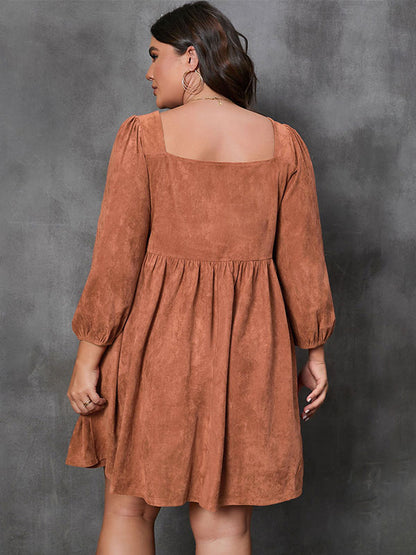 Plus Size Mini Dress Square Neck Backless Day Dresses In Dark Brown