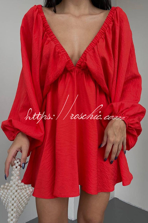 V Neck Puff Sleeve Solid Color Resort Style Mini Dress