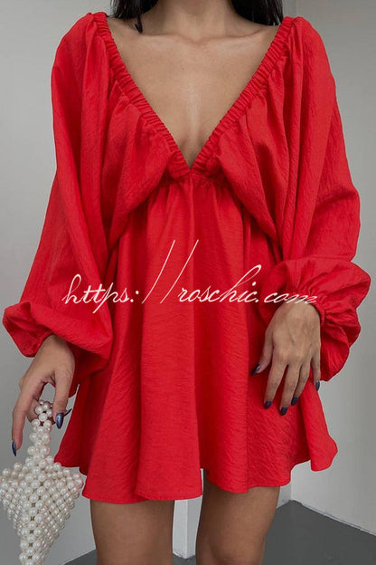 V Neck Puff Sleeve Solid Color Resort Style Mini Dress