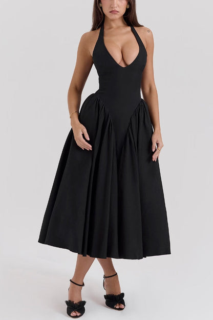 Deep V-Neck Halter Pointed Bodice Fit-and-Flare Midi Dress
