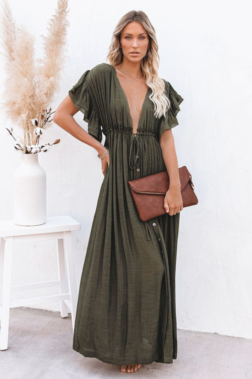 Deep V-Neck Flutter Sleeve Button Front Drawstring Waist Maxi Dress