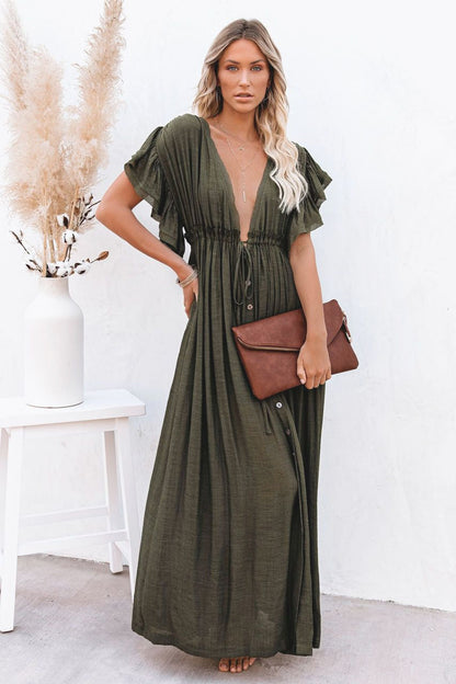 Deep V-Neck Flutter Sleeve Button Front Drawstring Waist Maxi Dress