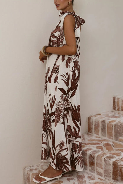 Botanical Print Sleeveless One-shoulder Casual Vacation Maxi Dress