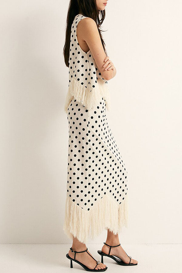 Verrah Linen Blend Polka Dot Print Tassel Trim Elastic Waist Maxi Skirt