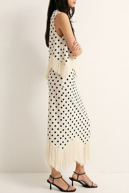 Verrah Linen Blend Polka Dot Print Tassel Trim Elastic Waist Maxi Skirt