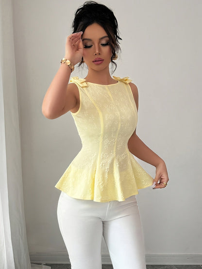 Women's Round Neck Sleeveless Flared Top – Floral Bow Accent Blouse
