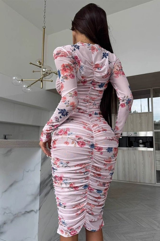 Mock Neck Long Sleeve Ruched Floral Bodycon Midi Dress