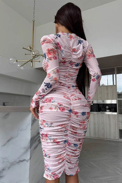 Mock Neck Long Sleeve Ruched Floral Bodycon Midi Dress