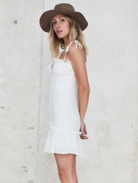 Little White Dress Tie Strap Buttons Front Backless Graduation Mini Dresses