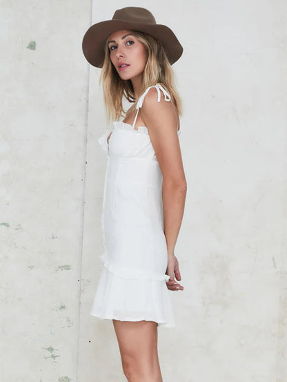 Little White Dress Tie Strap Buttons Front Backless Graduation Mini Dresses