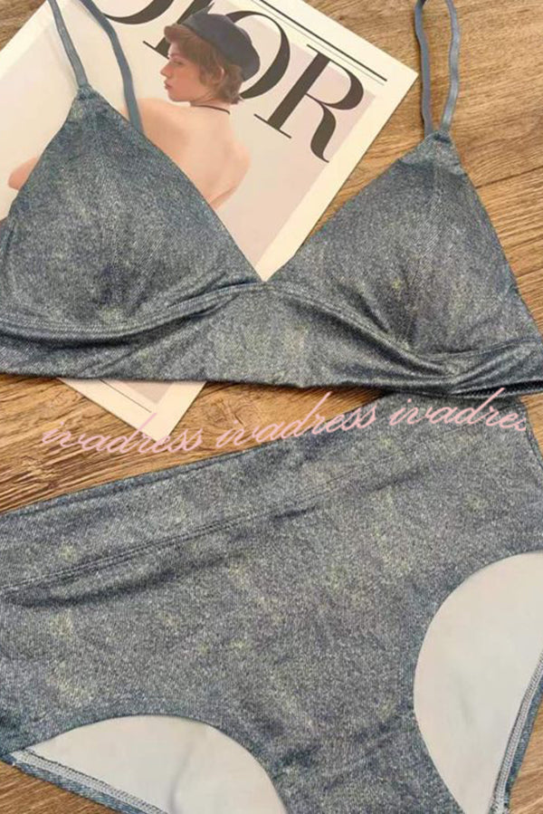 Solid Color Suspender Stretch Two Piece Bikini Swimsuit