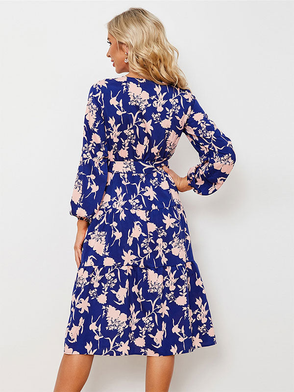 Floral Print Casual V-Neck Long Sleeves Midi Dress