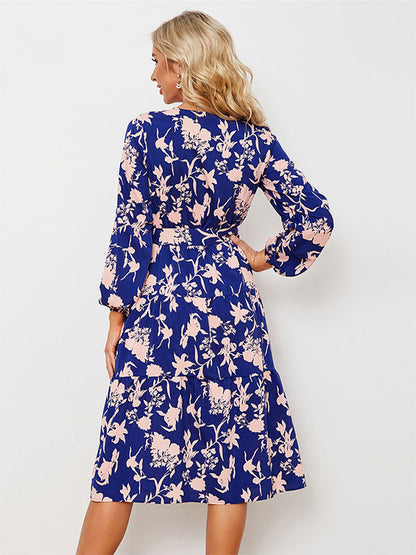 Floral Print Casual V-Neck Long Sleeves Midi Dress
