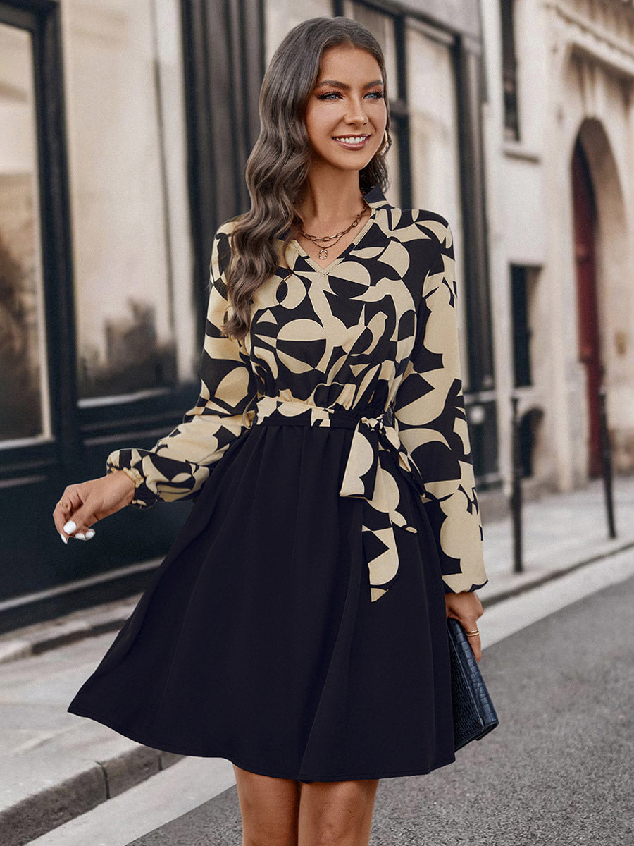 Flared Dresses V-Neck Long Sleeves V-Neck Belted Printed Mini Dress