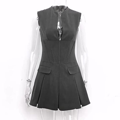 Skater Dresses Polyester Embellished Collar Lace Up Gray Chic Sleeveless Flared Dress Mini Dresses