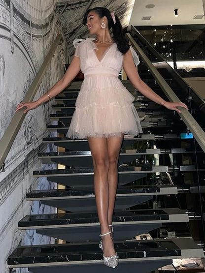 Tossy Mesh Bow Short Dress For Women Pearl Patchwork Sleeveless High Waist Solid Color Party Evening Elegant Female Mini Dress