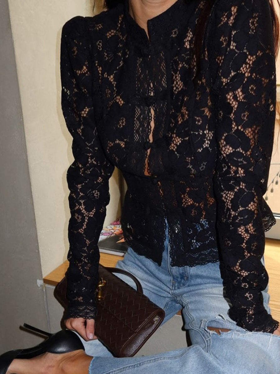 Lace Crochet Stand Collar Slim-fit Long Sleeve Sheer Top