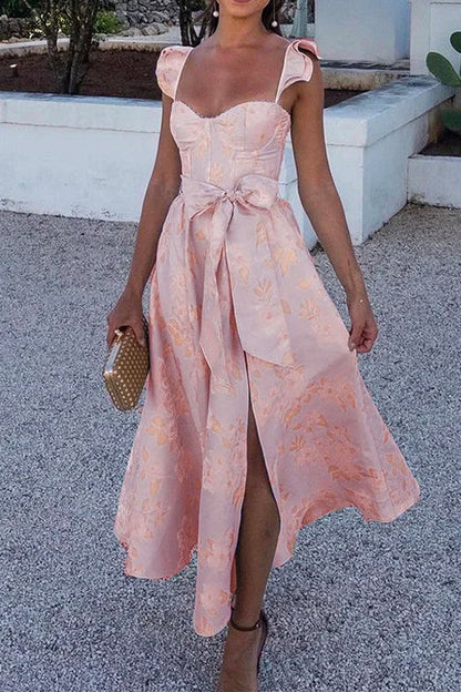 Margovil Ruffled Shoulder Bow Knot Waist Slit Printed Vintage Party Dress