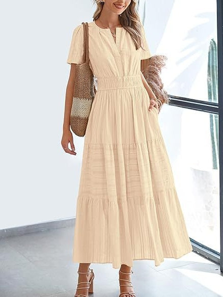 V-neck, Gathered, Puff Sleeve, Full Skirt, Short-sleeved Long Dress