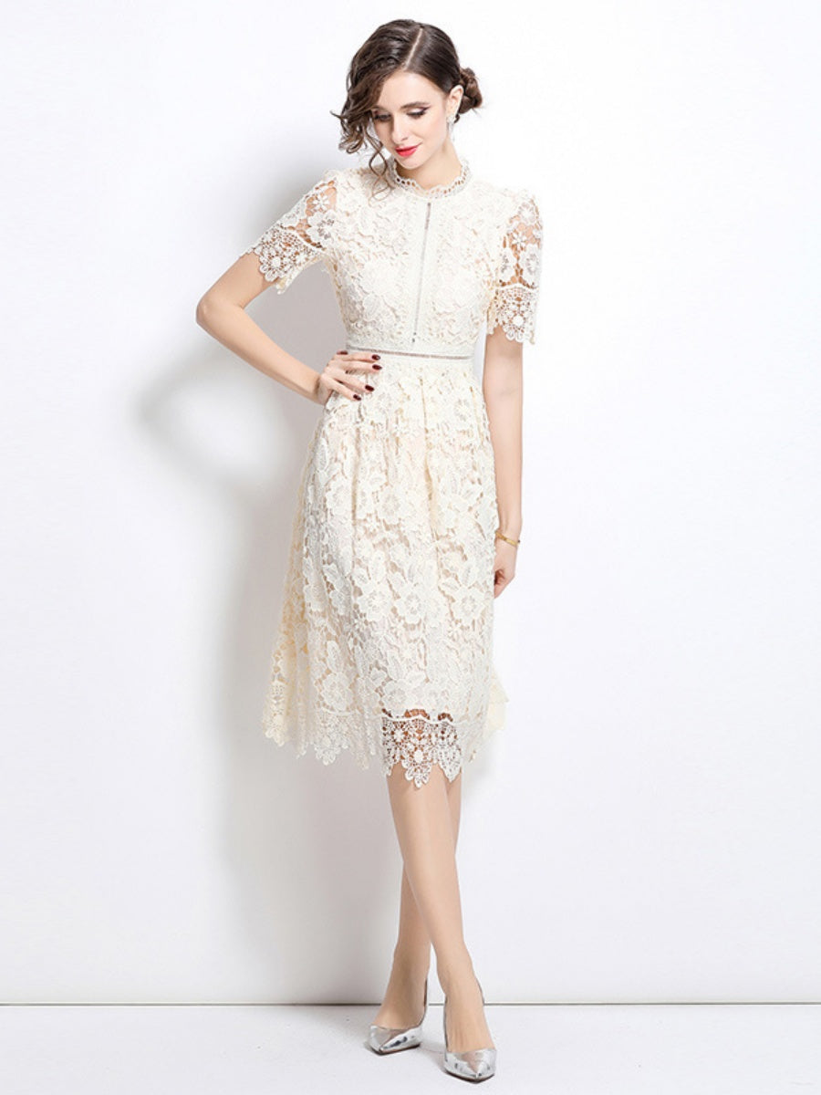 Hollow-out Water-soluble Lace Midi Dress