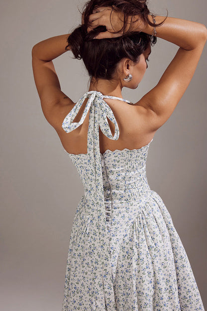 Halter Sweetheart Neck Lace Trim Ditsy Floral Corset Bodice Midi Dress