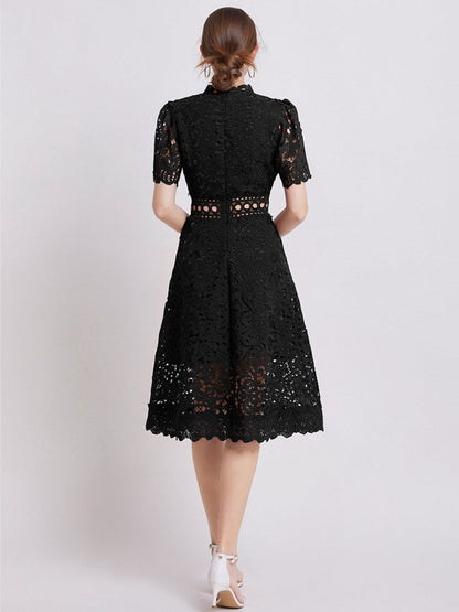 Lace Waist-cinching Hollow-out Midi Dress